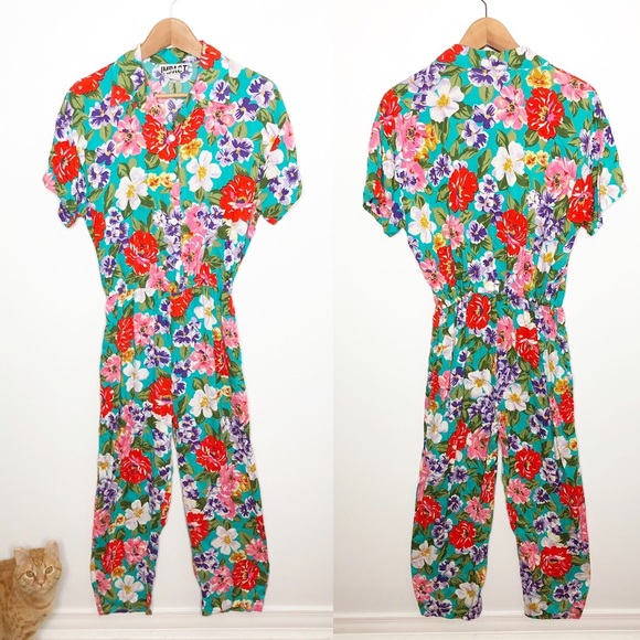 Vintage Pants - Vintage Floral 80s Jumpsuit Romper Size Medium